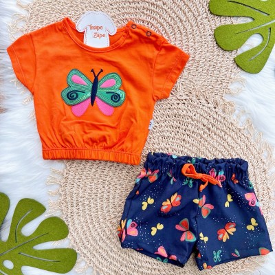 Conj. Blusa Borboleta e Short Borboletinhas - Laranja e Marinho